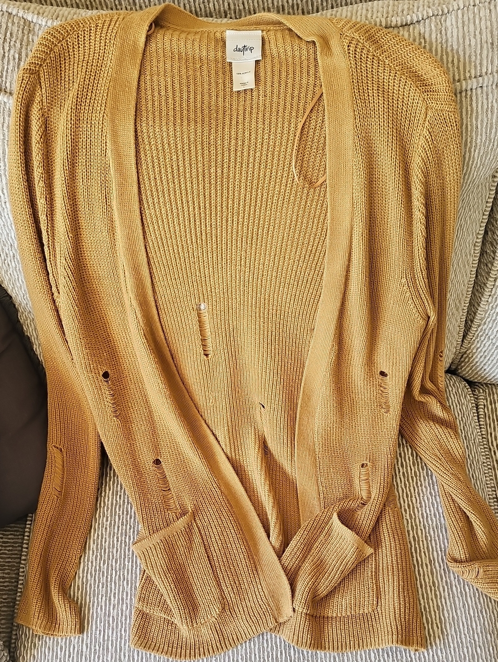 Daytrip Mustard Distressed Open-Front Knit Cardigan